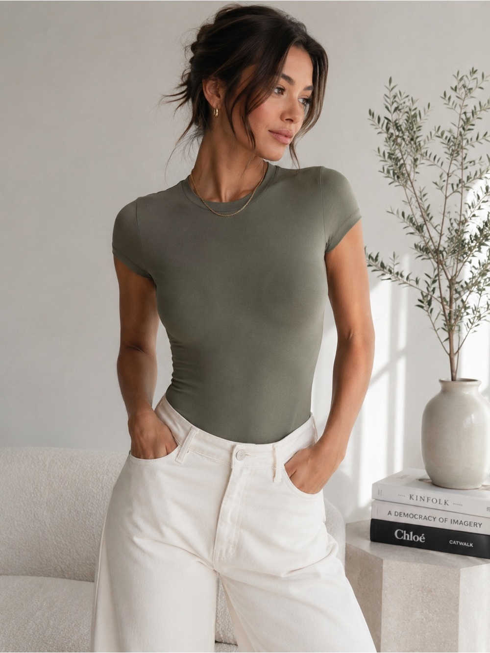 Free People Movement Olive Green Crew Neck Short Sleeve Bodysuit Size Medium